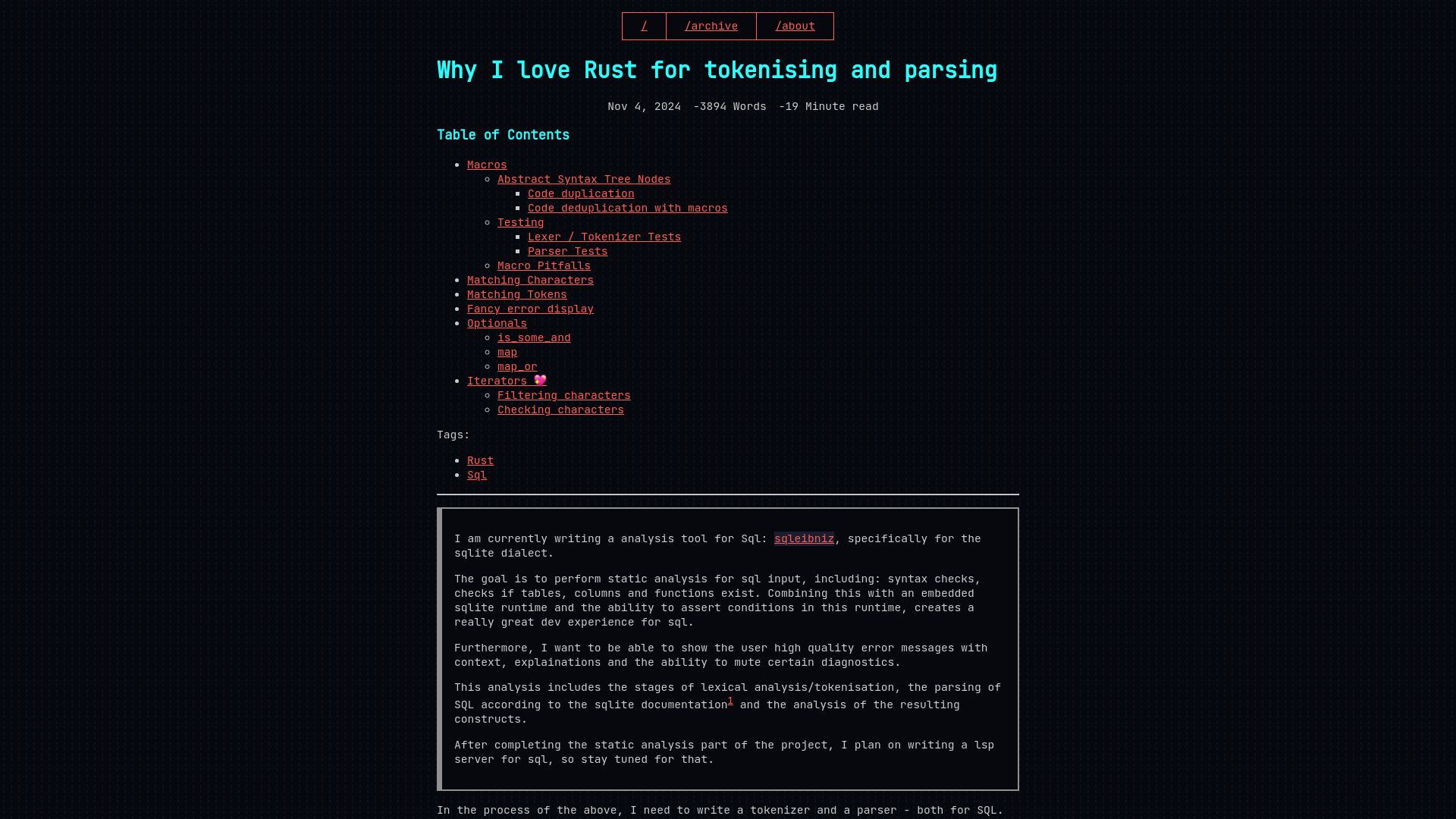 Screenshot of xnacly.me: Why I love Rust for tokenising and parsing