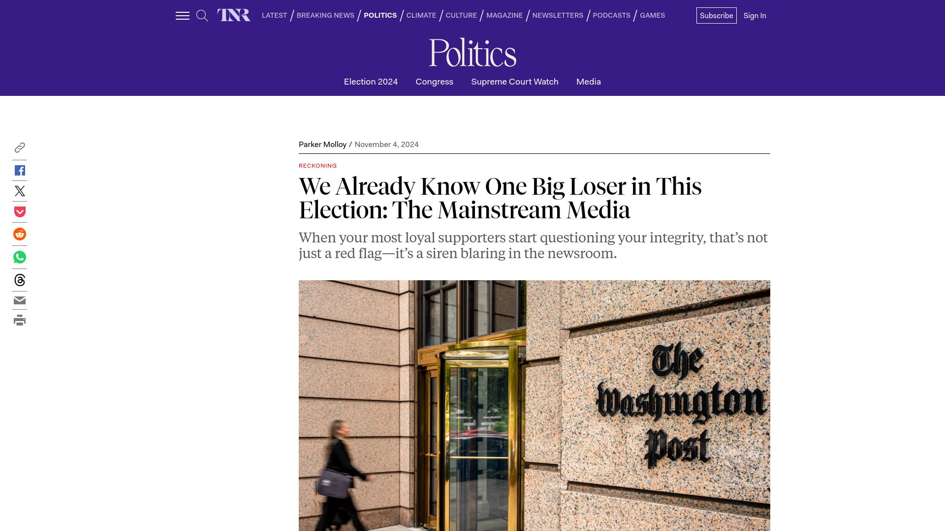 Screenshot of newrepublic.com: We Know One Big Loser in This Election: The Mainstream Media