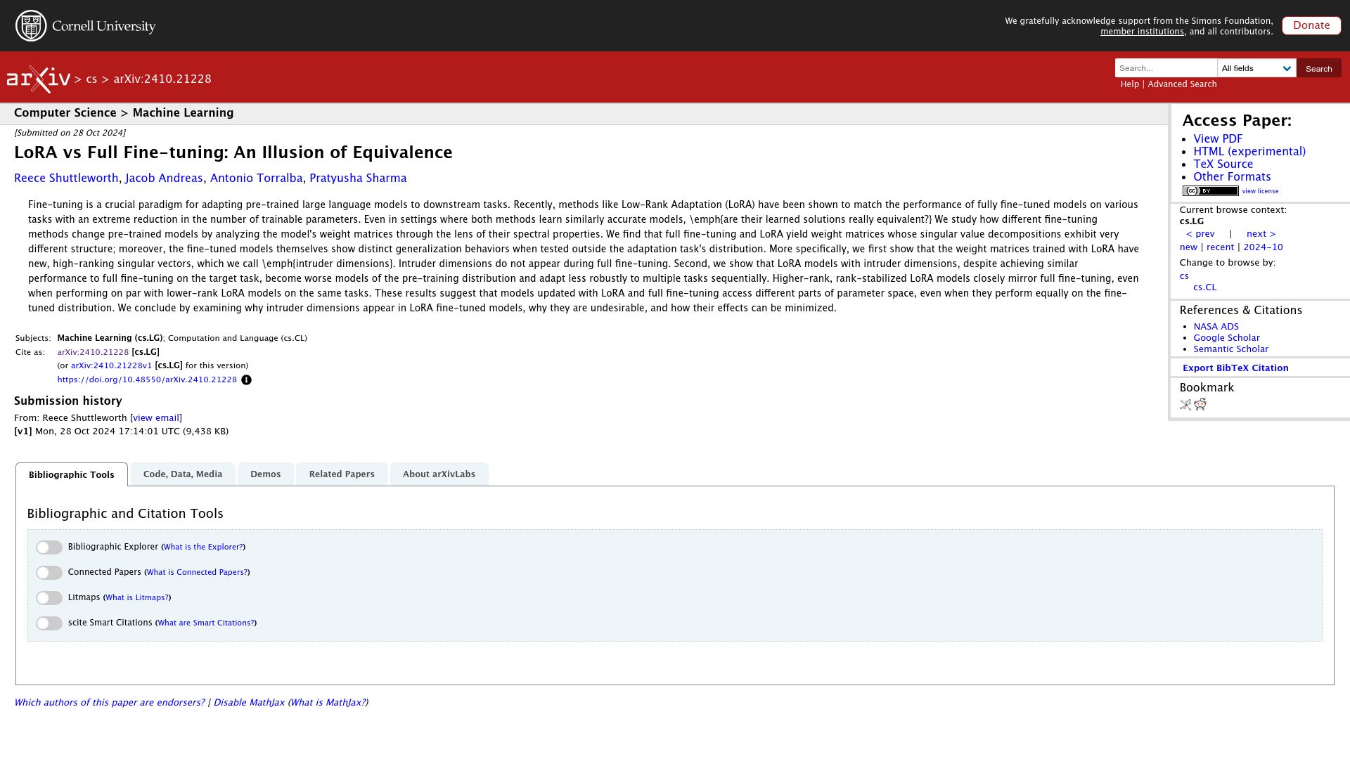 Screenshot of arxiv.org: LoRA vs. Full Fine-Tuning: An Illusion of Equivalence