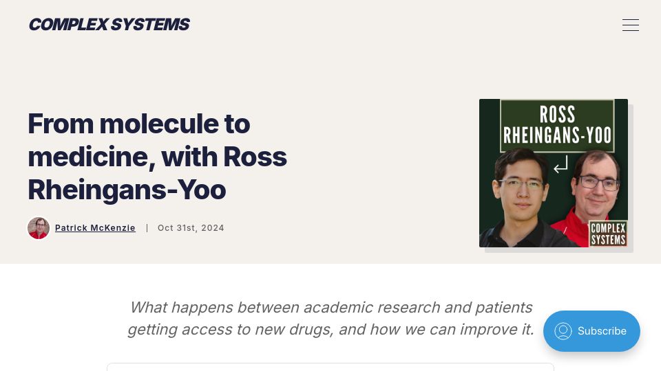 Screenshot of complexsystemspodcast.com: From molecule to medicine, with Ross Rheingans-Yoo