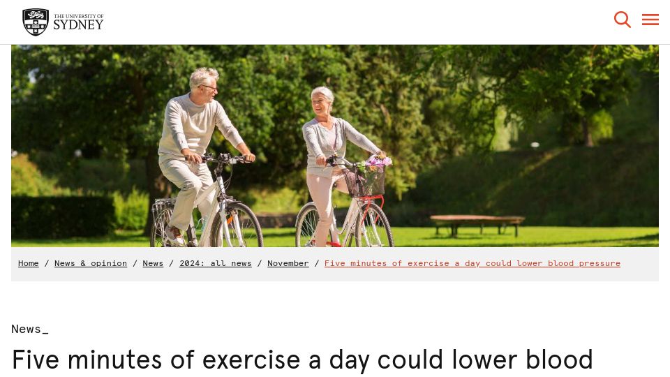 Screenshot of sydney.edu.au: Five minutes of exercise a day could lower blood pressure