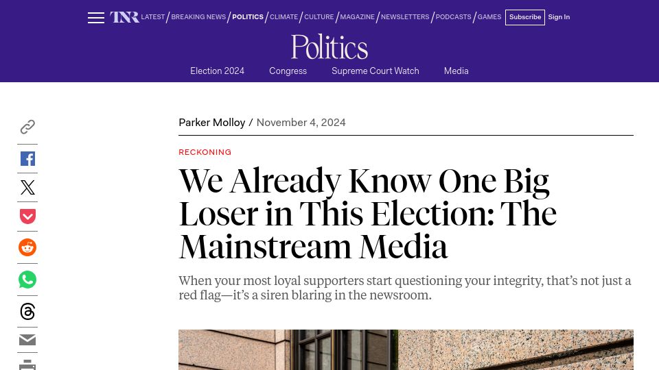 Screenshot of newrepublic.com: We Know One Big Loser in This Election: The Mainstream Media