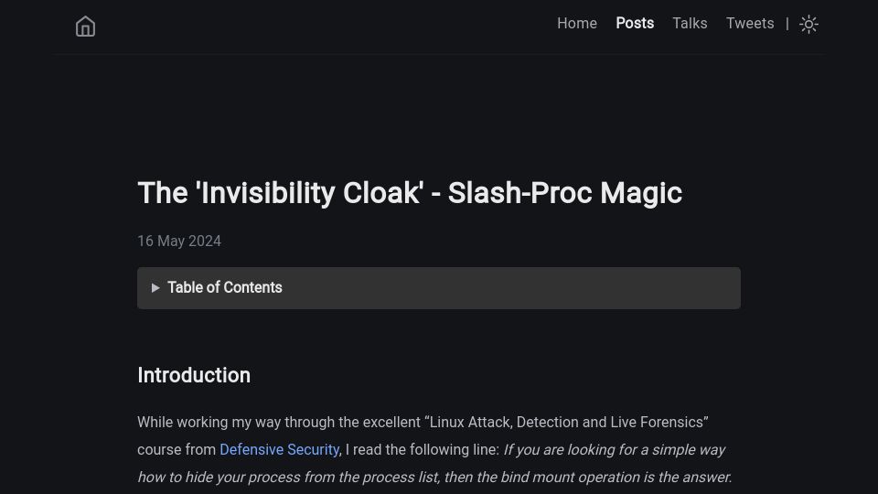 Screenshot of dfir.ch: The 'Invisibility Cloak' – Slash-Proc Magic