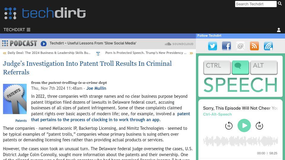 Screenshot of techdirt.com: Judge's Investigation into Patent Troll Results in Criminal Referrals