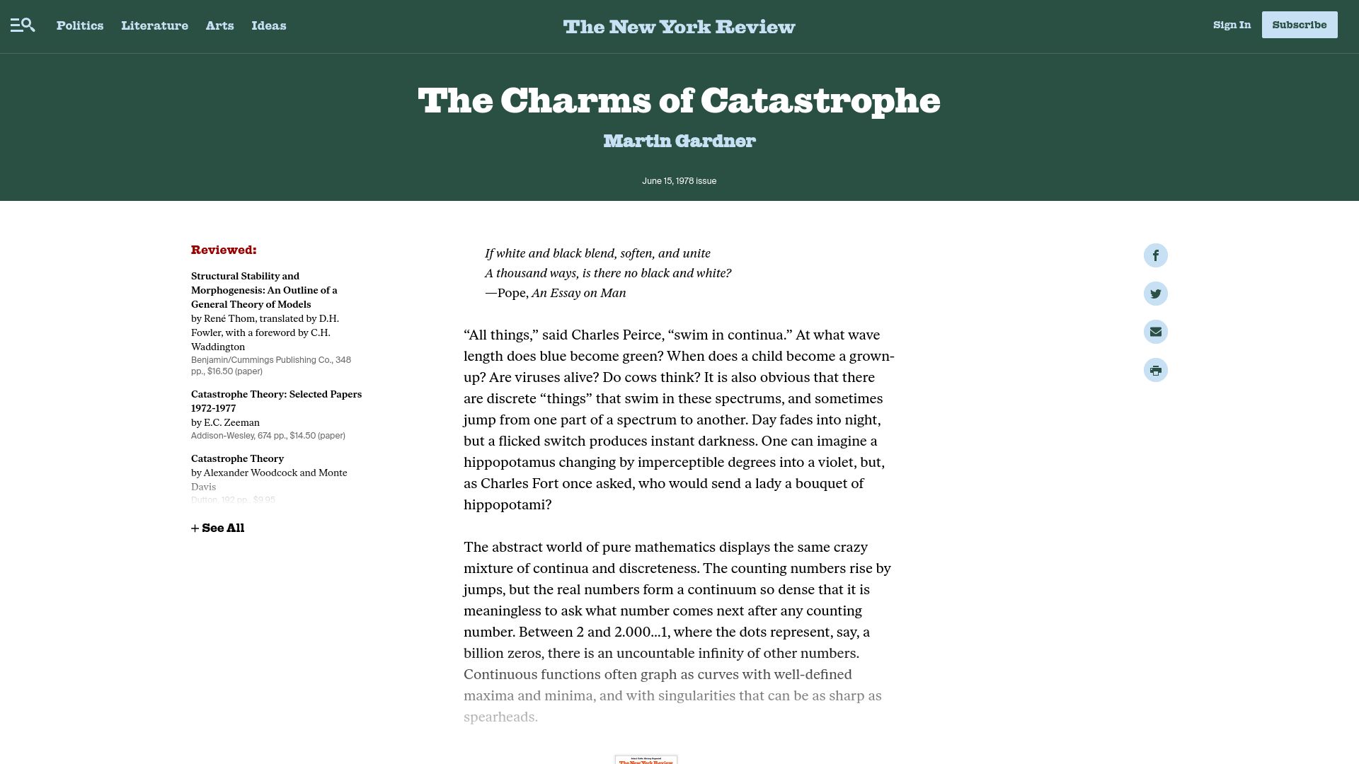 Screenshot of nybooks.com: The Charms of Catastrophe (1978)