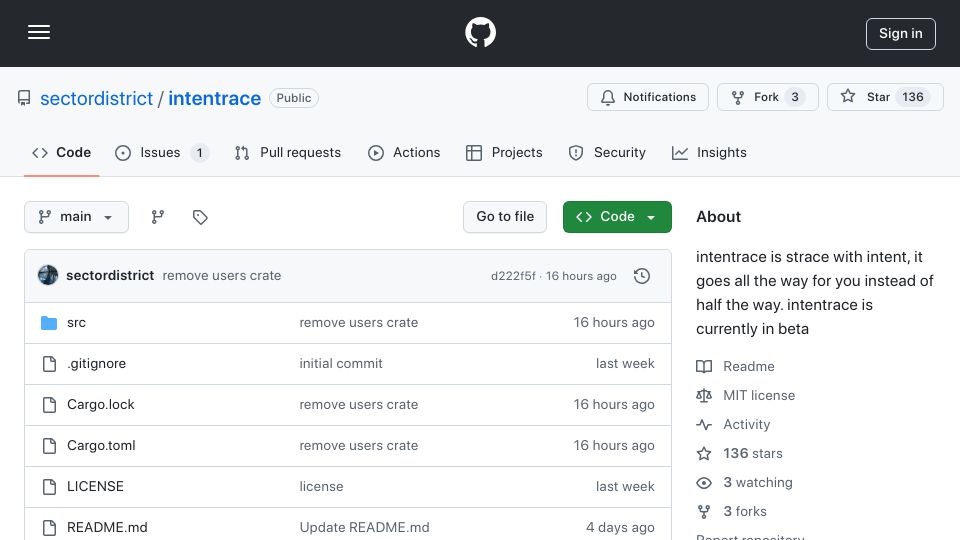 Screenshot of github.com: Intentrace: Strace for Everyone