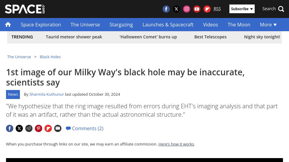 Screenshot of space.com: First image of our Milky Way's black hole may be inaccurate, scientists say