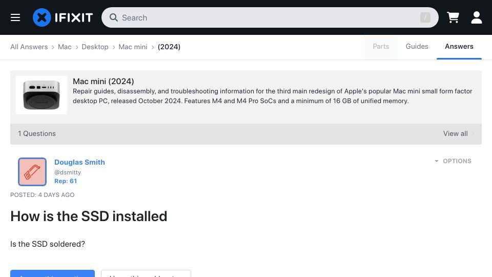 Screenshot of ifixit.com: How is the SSD installed – M4 Mac Mini (2024)