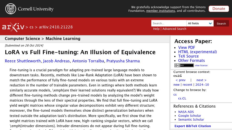 Screenshot of arxiv.org: LoRA vs. Full Fine-Tuning: An Illusion of Equivalence