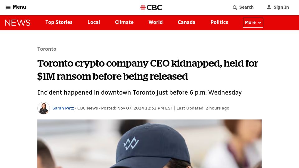 Screenshot of cbc.ca: Toronto crypto company CEO kidnapped, held for $1M ransom before being released