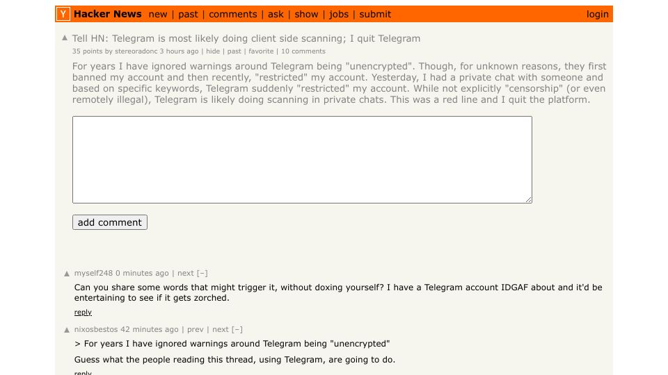 Screenshot of Hacker News post: Tell HN: Telegram is most likely doing client side scanning; I quit Telegram
