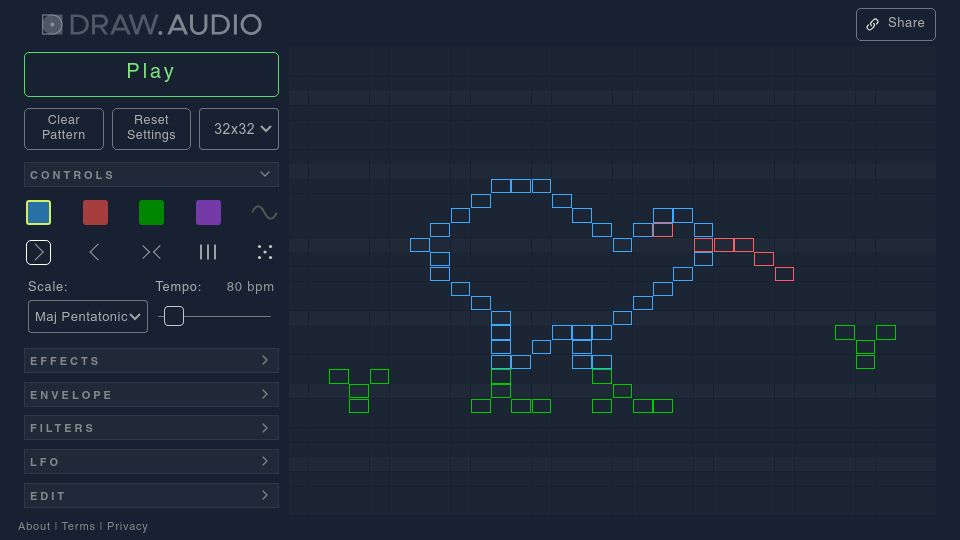 Screenshot of draw.audio: Show HN: Draw.Audio – A musical sketchpad using the Web Audio API
