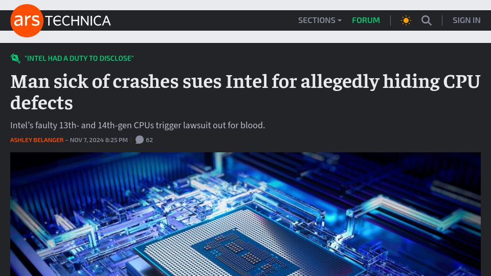 Screenshot of arstechnica.com: Man sick of crashes sues Intel for allegedly hiding CPU defects