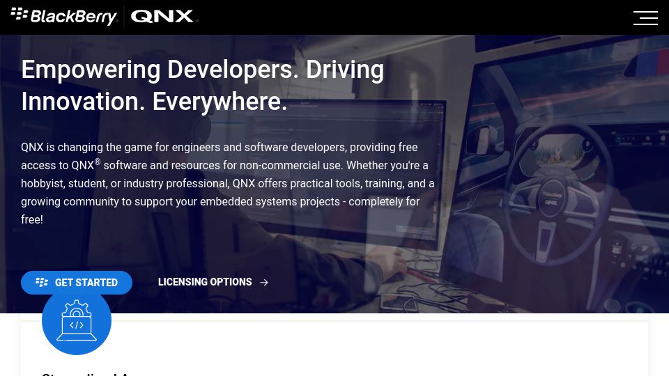 Screenshot of blackberry.qnx.com: QNX is now free for anything non-commercial, plus there's an RPi image