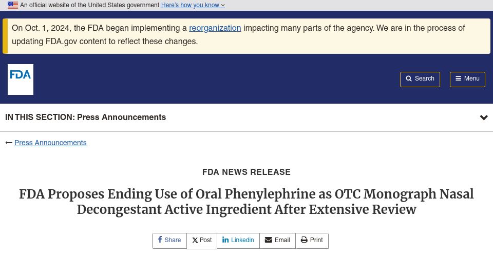 Screenshot of fda.gov: FDA proposes ending use of oral phenylephrine as OTC nasal decongestant
