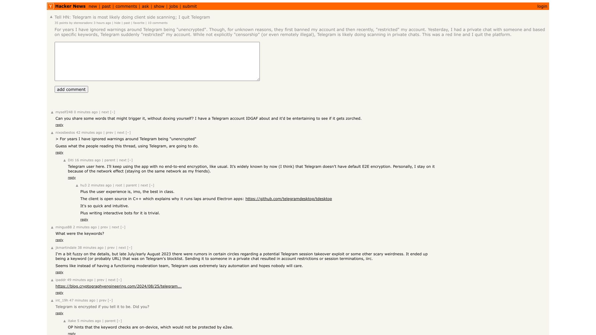 Screenshot of this Hacker News post: Tell HN: Telegram is most likely doing client side scanning; I quit Telegram