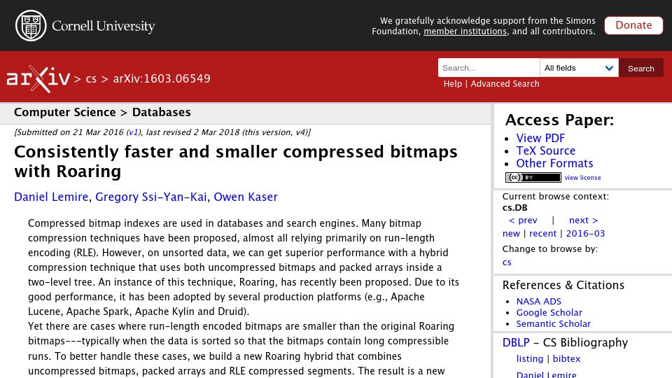 Screenshot of arxiv.org: Consistently faster and smaller compressed bitmaps with Roaring (2016)