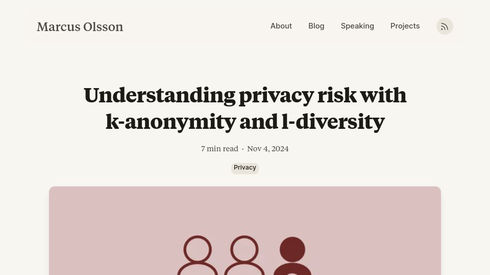 Screenshot of marcusolsson.dev: Understanding privacy risk with k-anonymity and l-diversity