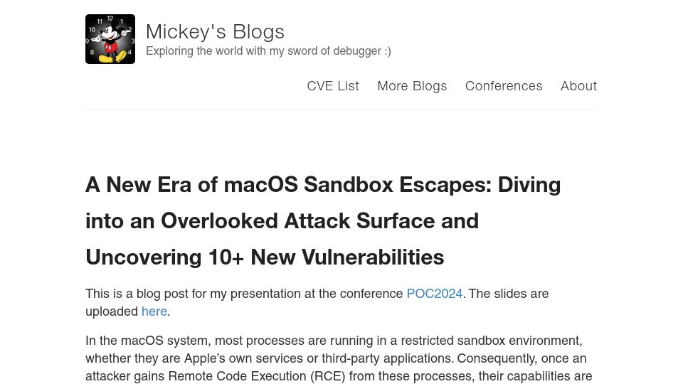 Screenshot of jhftss.github.io: Multiple new macOS sandbox escape vulnerabilities