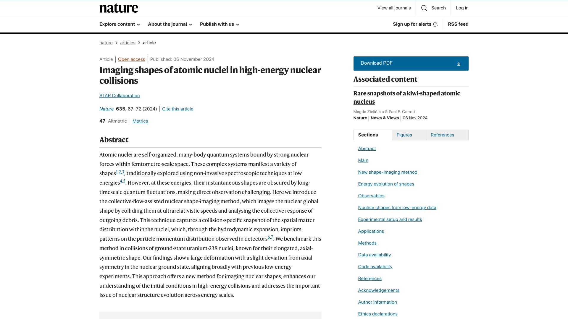 Screenshot of nature.com: Imaging shapes of atomic nuclei in high-energy nuclear collisions