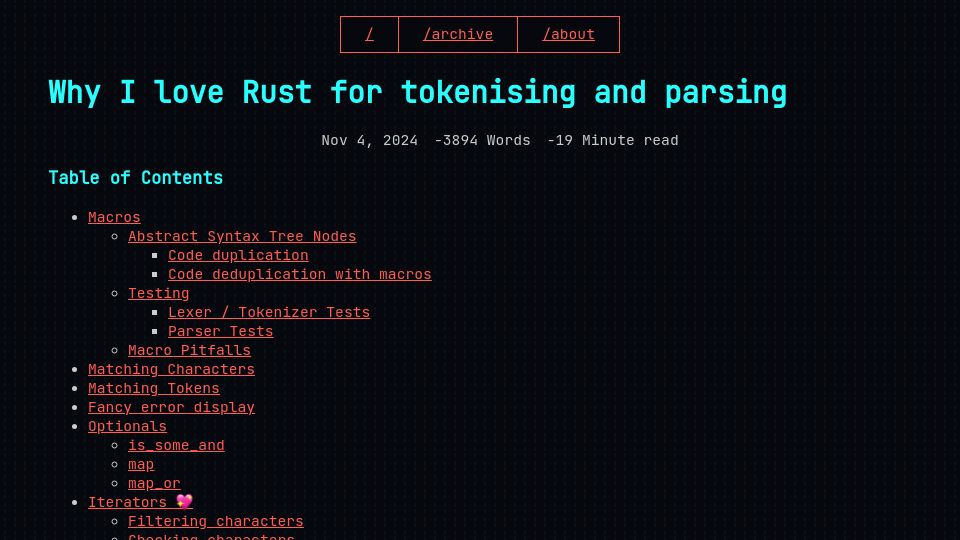Screenshot of xnacly.me: Why I love Rust for tokenising and parsing
