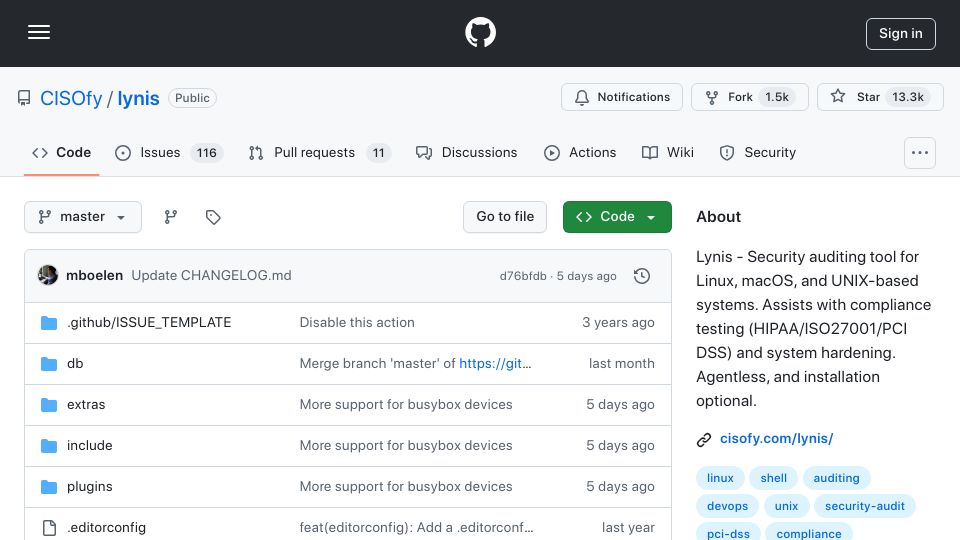 Screenshot of github.com: Lynis – Security auditing and hardening tool, for Unix-based systems