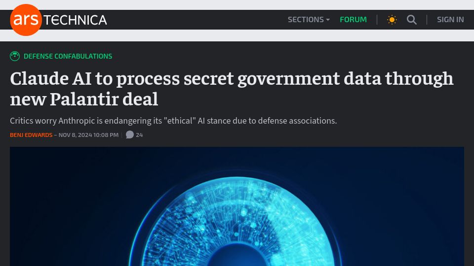 Screenshot of arstechnica.com: Claude AI to process secret government data through new Palantir deal