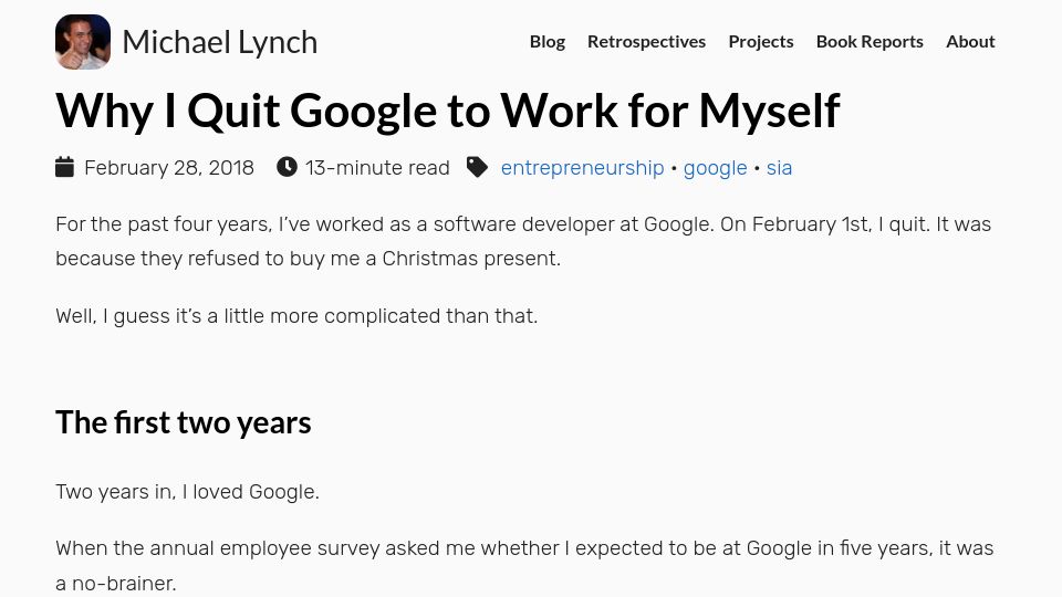 Screenshot of mtlynch.io: I quit Google to work for myself (2018)