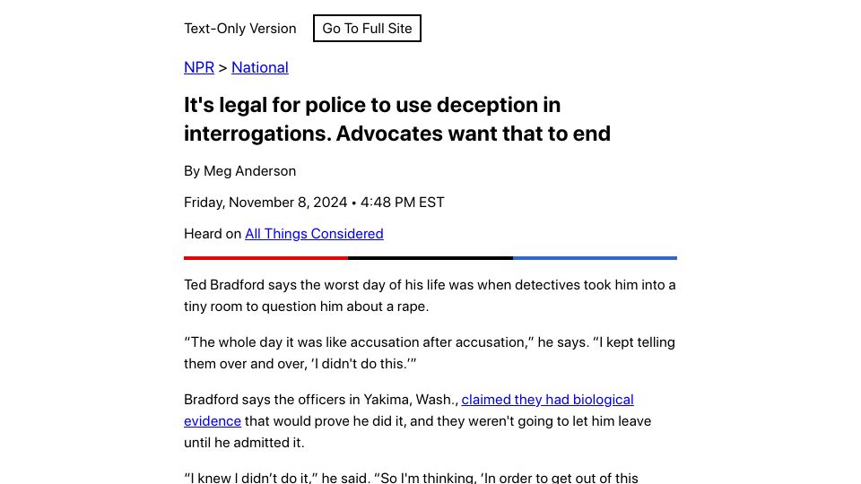 Screenshot of text.npr.org: It's legal for police to use deception in interrogations. Some want that to end
