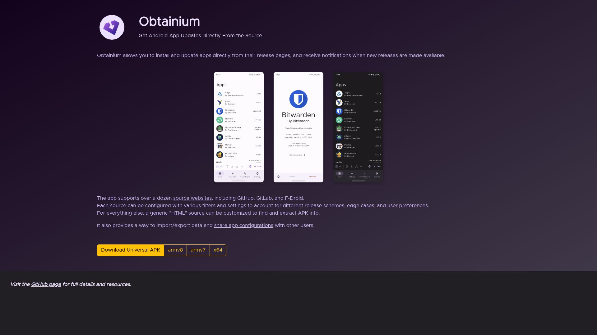Screenshot of obtainium.imranr.dev: Obtainium: Get Android App Updates Directly from the Source
