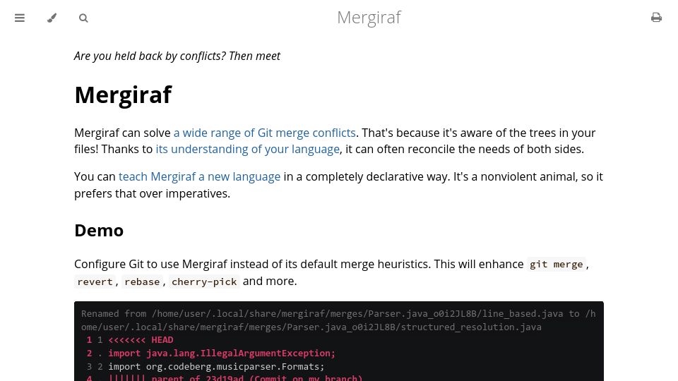 Screenshot of mergiraf.org: Mergiraf: a syntax-aware merge driver for Git
