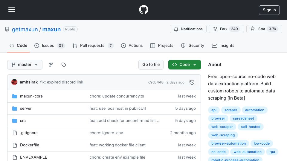 Screenshot of github.com: Maxun: Open-Source No-Code Web Data Extraction Platform