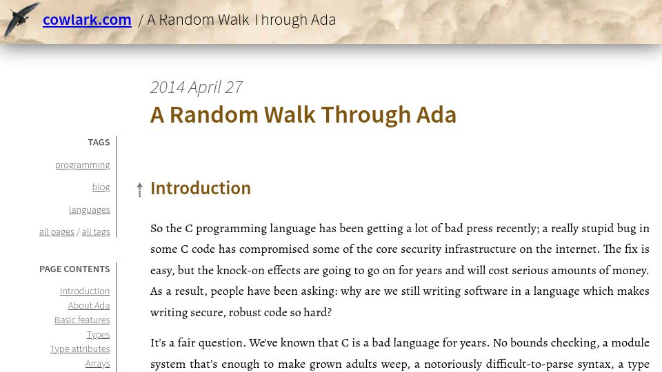 Screenshot of cowlark.com: A Random Walk Through Ada (2014)