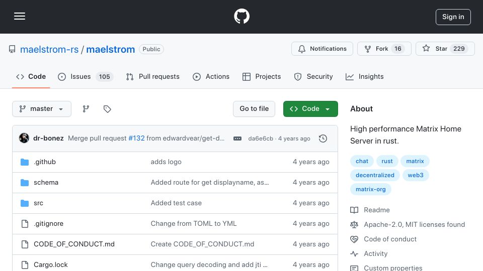 Screenshot of github.com: Maelstrom: High-Performance Matrix Home-Server Written in Rust