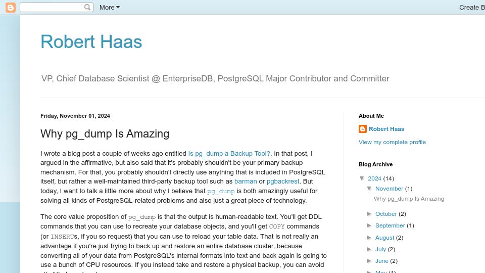 Screenshot of rhaas.blogspot.com: Why Pg_dump Is Amazing