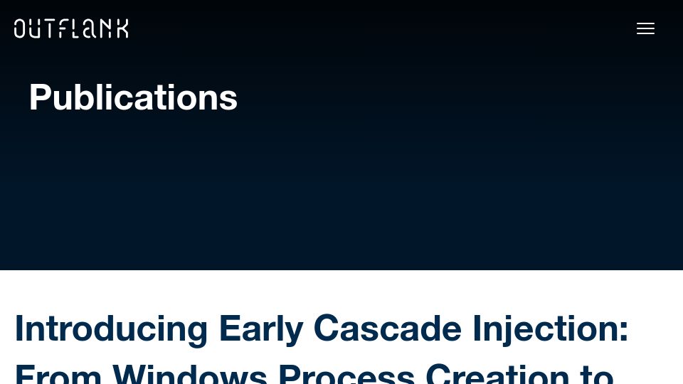 Screenshot of outflank.nl: Early Cascade Injection: From Windows process creation to stealthy injection