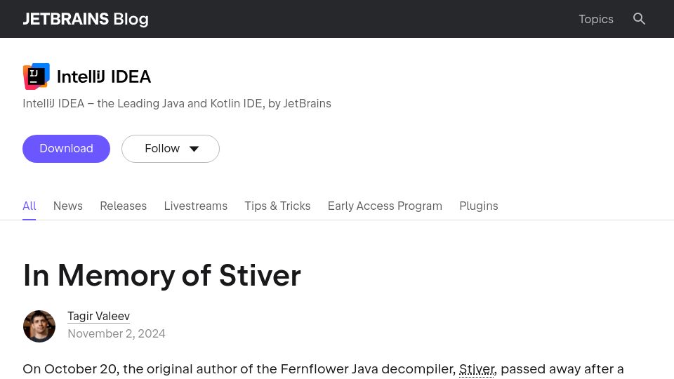 Screenshot of blog.jetbrains.com: In Memory of Stiver