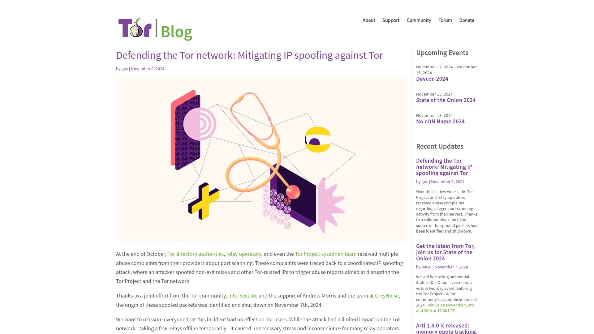 Screenshot of blog.torproject.org: Mitigating IP spoofing against Tor
