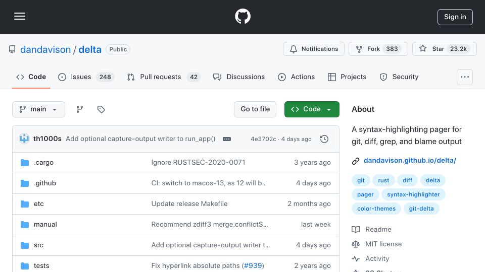 Screenshot of github.com: Delta: A syntax-highlighting pager for Git, diff, grep, and blame output