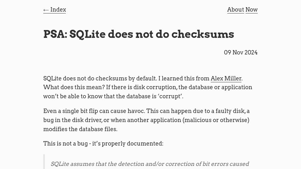 Screenshot of avi.im: SQLite does not do checksums