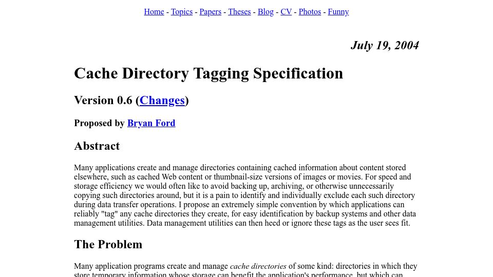 Screenshot of bford.info: Cache Directory Tagging Specification (2004)