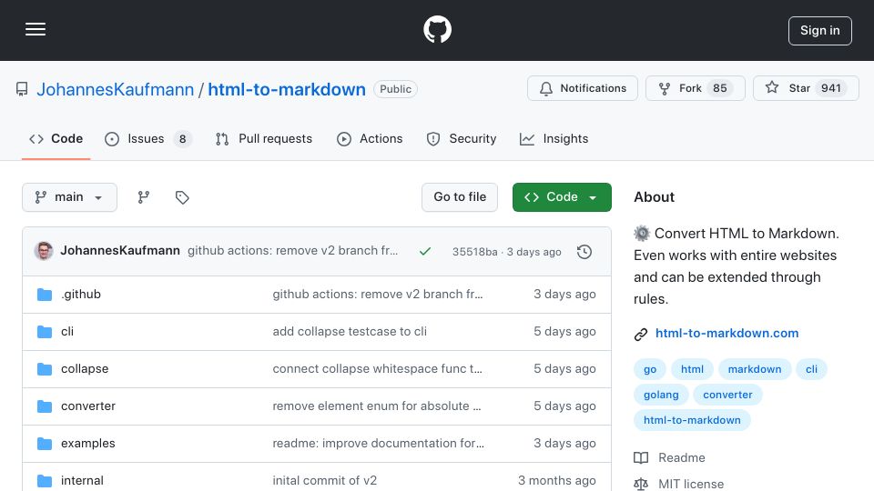 Screenshot of github.com: Show HN: HTML-to-Markdown – convert entire websites to Markdown with Golang/CLI
