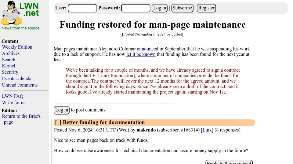 Screenshot of lwn.net: Funding restored for man-page maintenance