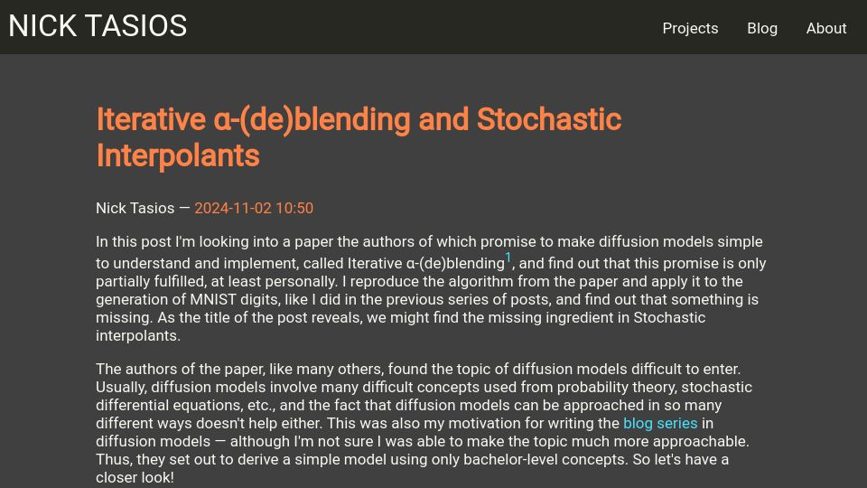 Screenshot of nicktasios.nl: Iterative α-(de)blending and Stochastic Interpolants