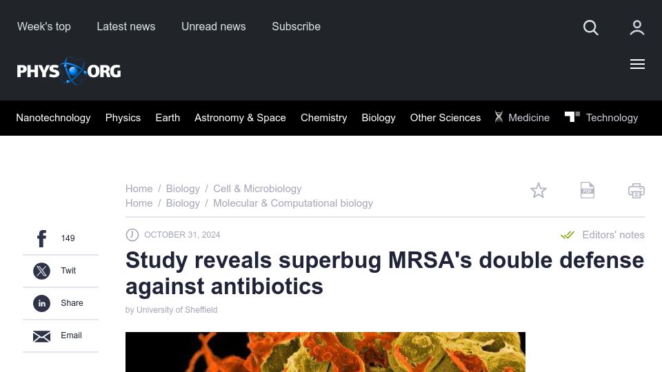 Screenshot of phys.org: Study reveals superbug MRSA's double defense against antibiotics