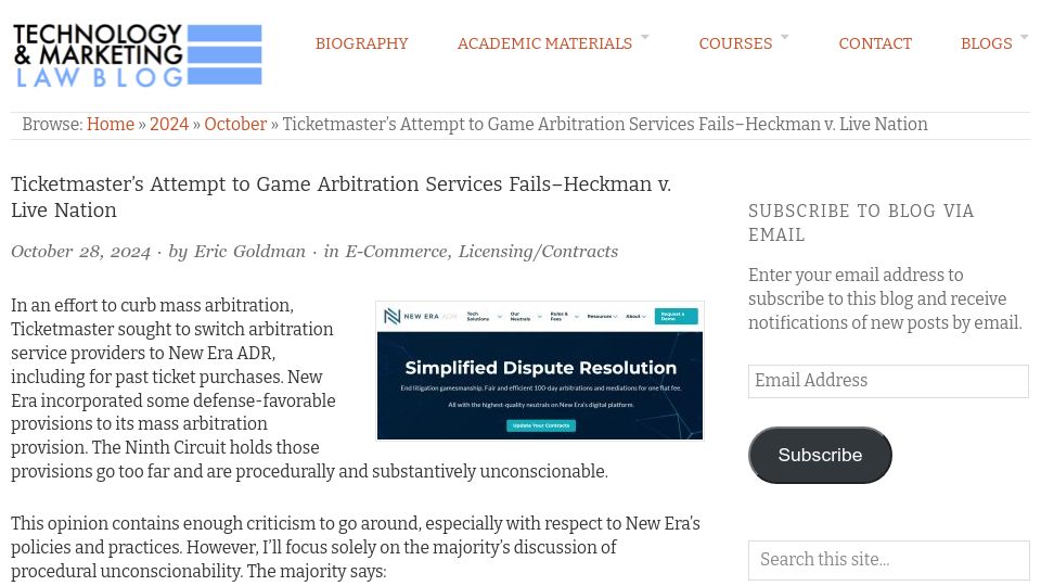 Screenshot of blog.ericgoldman.org: Ticketmaster’s attempt to game arbitration services fails