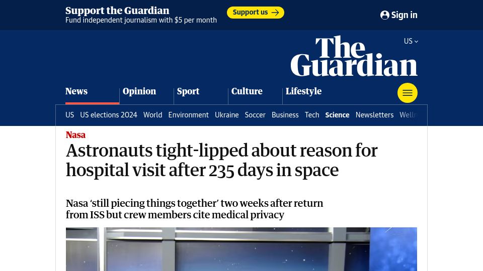 Screenshot of theguardian.com: Astronauts tight-lipped about reason for hospital visit after 235 days in space