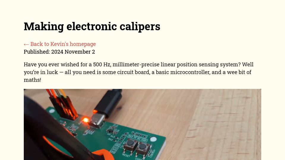 Screenshot of kevinlynagh.com: Making Electronic Calipers