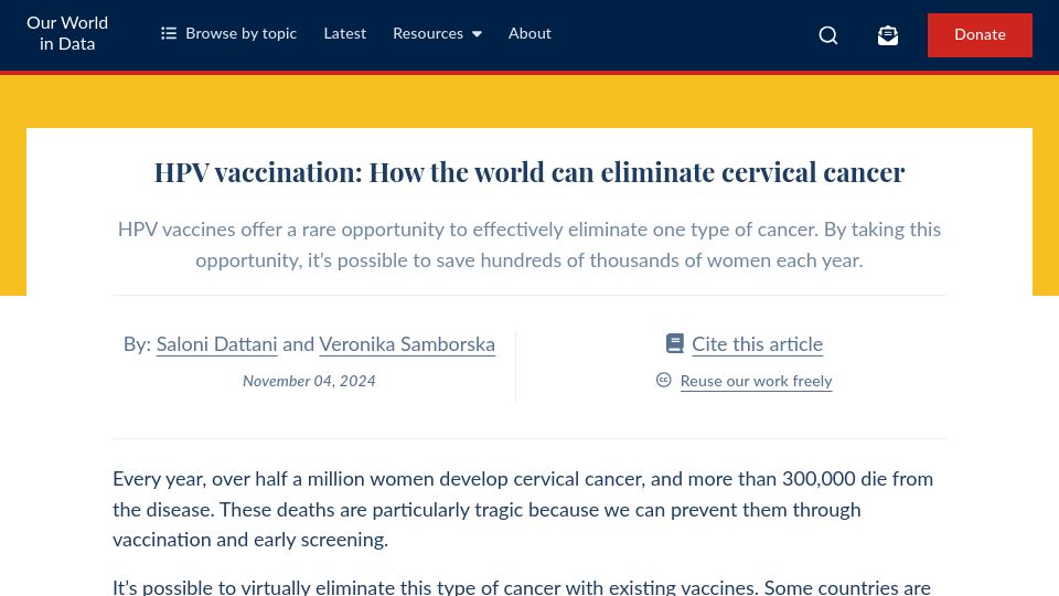 Screenshot of ourworldindata.org: HPV vaccination: How the world can eliminate cervical cancer