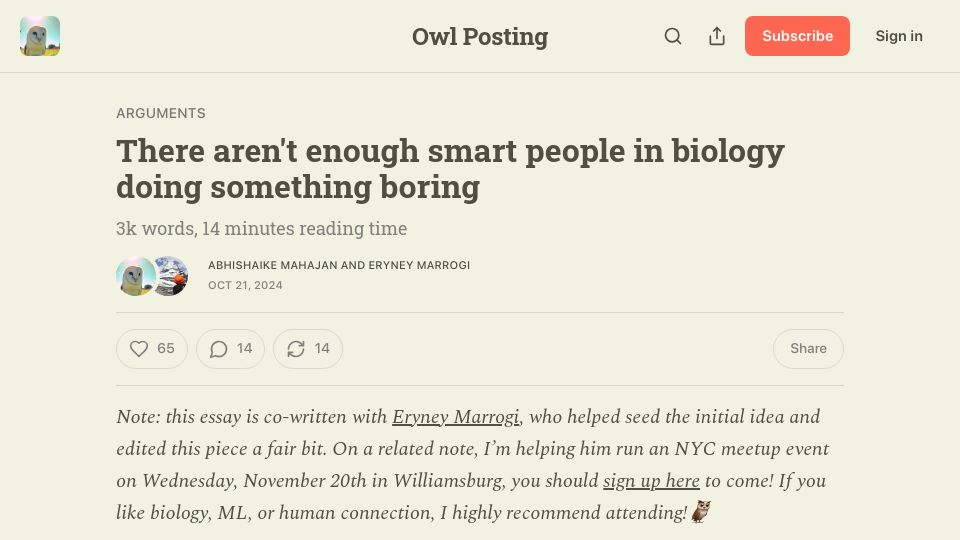 Screenshot of owlposting.com: There aren't enough smart people in biology doing something boring